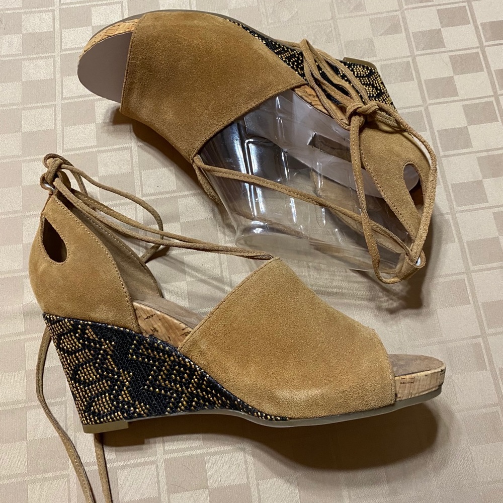 AEROSOLES Tan Suede Lace-Up Wedge Sandals with Black Beaded Detail